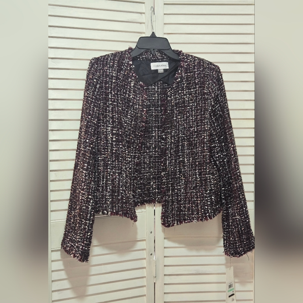 Nwt Calvin Klein Tweed Fringe Trim Blazer Jacket - Picture 3 of 5